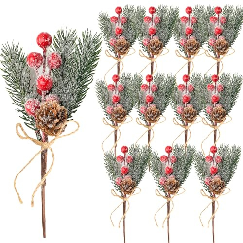 Fangoo 12 Pezzi 20cm Bacche Rosseartificiali Sempreverdi con Pigne Decorazioni Natalizie Rami di Pino Per Fai da Te Natale Corone Casa Vaso Decor Matrimonio Centrotavola