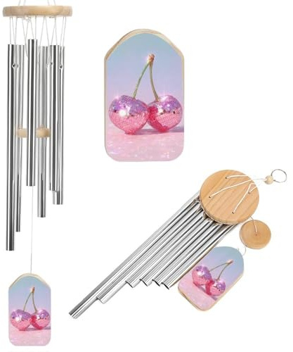 Surreal Two Cherries Pink Disco Balls Wind Chimes Memorial Deep Tone Windchime with 6 Aluminum Tubes Outdoor Backyard Garden Decoration