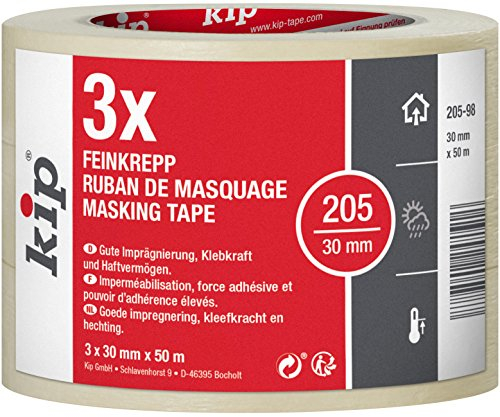 Kip Tape 205-98 Feinkrepp – Professionelles Malerkrepp – Imprägniertes Abdeckband zum Streichen & Lackieren – 3 Rollen je 30mm x 50m