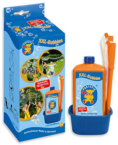 PUSTEFIX - 420869858 XXL-Bubbles I 1000 ml Seifenblasenwasser und Zubehör I Bunte Bubbles I Für Hochzeit, Kindergeburtstag, Standesamt, Polterabend I Riesen-Seifenblasen für Kinder & Erwachsene