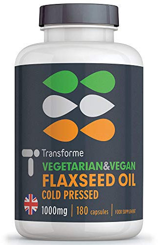 Flaxseed Oil Capsules Vegan Omega 3 6 9, 2000mg Serving, ALA, LA and Oleic Acid, 180 1000mg Softgels, Vegetarian Cold Pressed Flaxseed Oil, UK Made, by Transforme