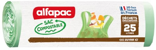 ALFAPAC - Borse Compostabili con Maniglie - Tri rifiuti organici - Biodegradabile - Certificati OK COMPOST HOME - Fabbricazione francese - 10 x 25L