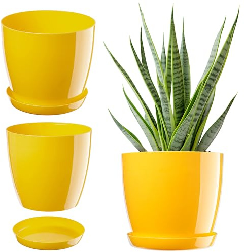 KADAX Flowerpot, fioriera rotonda con sottovaso, Ø 28 cm, elegante vaso in plastica per interni, fiori e piante, (Giallo)
