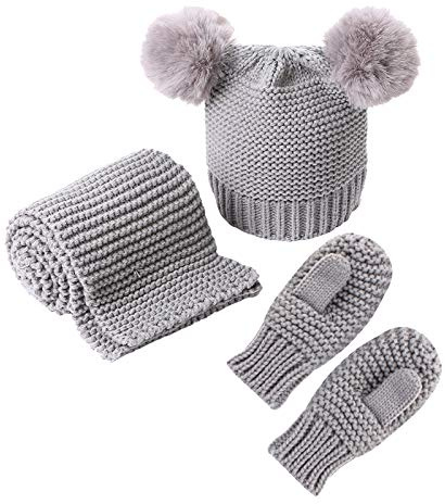 Guanti per sciarpa per bambini Set di guanti per bambini invernali lavorati a maglia pompon cappello scaldacollo guanti per ragazzi 0-3Y ragazze, Grigio, M