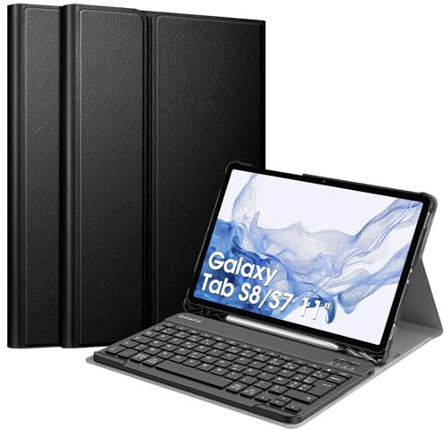 FINTIE Clavier pour Samsung Galaxy Tab S8 11 Pouces 2022 et Galaxy Tab S7 2020 - [Rangement de Stylet] Clavier AZERTY Français Bluetooth sans Fil Housse Protection Etui Multi-Angles, Noir