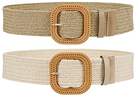 SUOSDEY 2 Stück Stroh gewebter elastischer Stretch-Taillengürtel für Frauen Sommer Boho Wide Waist Dress Band Geflochtene Gürtel, Khaki+Beige,100cm