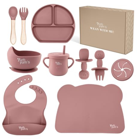 Yum Yum's Baby 10 Pcs Pink Weaning Set - Complete Toddler Feeding Kit w/Sectioned Plate, Suction Bowls, Cutlery with Mouth Guard, Straw Cup, Bib & Mat - Non-Slip - for Toddlers & Baby Gift