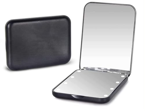 Kintion Pocket Mirror, 1X/3X Magnification LED Compact Travel Makeup Mirrors with Light for Purse, 2-Sided, Portable, Folding, Handheld, Small Lighted Mirror for Gift, Black