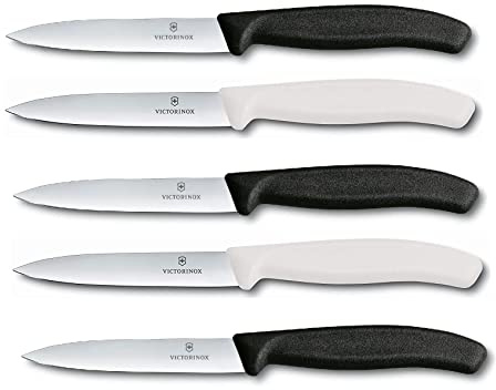 Victorinox 5-tlg Gemüsemesser Set Swiss Classic Schwarz/Weiß – 10 cm ohne Wellenschliff – Tomatenmesser