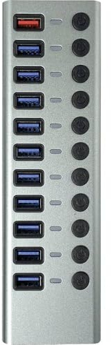 MaxTrack USB 3.0 Hub CH12L - USB 3.0 Hub mit 10 USB Ports, 1 Ladeport für Mobilgeräte, USB Hub mit Netzteil, 5 Gbps, USB Hub Aktiv, 2,4A Ladestation, Einzeln Schaltbar