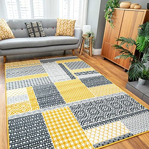 Modern Patchwork Floral Grey Yellow Durable Living Room Area Rug Stain Resistant Carpet Oriental Floral Classic Hallway Kitchen Mat Rugs 80cm x 150cm