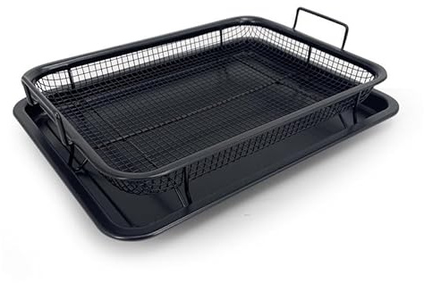 RHP Crisper Grillkorb: Knusprige Genüsse ohne Fett! Das zweiteilige Set ermöglicht fettarmes, heißluftgegartes Vergnügen im Ofen. Edelstahlkorb für Pommes, Nuggets & mehr (Schwarz)