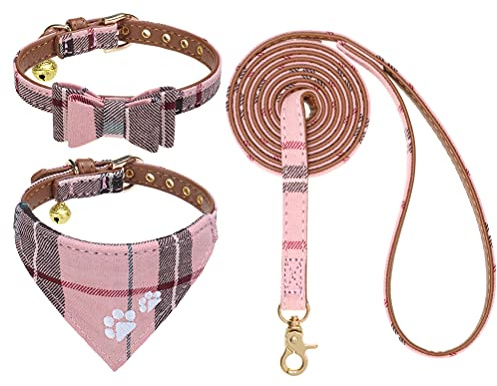 EXPAWLORER Hundehalsband und Leine: Klassisches Kariertes Hundehalsband mit Fliege und Pfotenabdruck, Hundehalsband mit niedlicher Glocke, kein Verheddern, verstellbare Halsbänder für Welpen, kleine