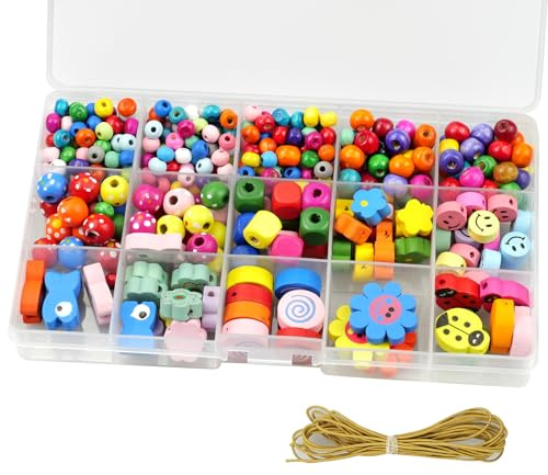 KiKiHong 400 pezzi di perline di legno colorate da infilare, set di perline di legno colorate con ago e filo incluso, giocattolo di perline fai da te per braccialetti, gioielli, collane