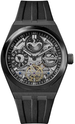 Ingersoll The Boadway 43 mm Automatic Herrenuhr mit schwarzem Skelettziffernblatt und schwarzem PU-Armband