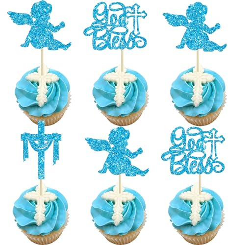 Gyufise 24Pcs God Bless Cross Cupcake Toppers Angel Christening Baby Shower Boy Baptism Cupcake Pick Decorations for First Communion Baptism Party Cake Decorations Blue