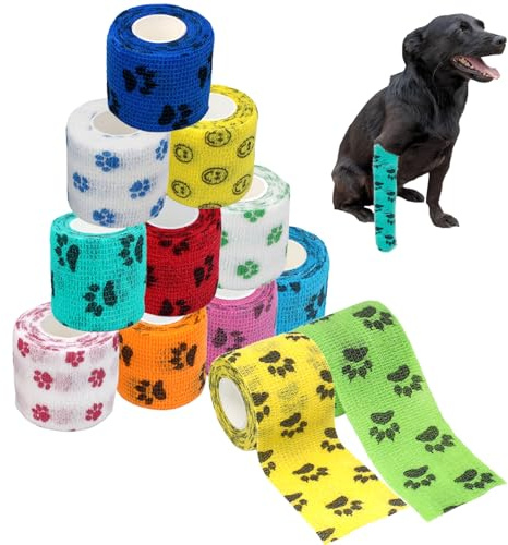 Tashce 12 stycken självhäftande tejp, elastiskt självhäftande bindemedel för husdjur, elastiskt fästbinde, självhäftande förband, cohesive Pet Vet Wrap för katt, hund, hästben, självhäftande bandage