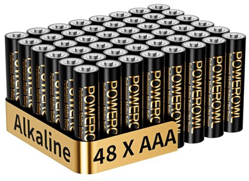 POWEROWL Pilas AAA Alcalinas de Alto Rendimiento, 48 Unidades, 1,5 V, Pilas AAA de Larga Duración, 10 años de Duración (No Recargables)