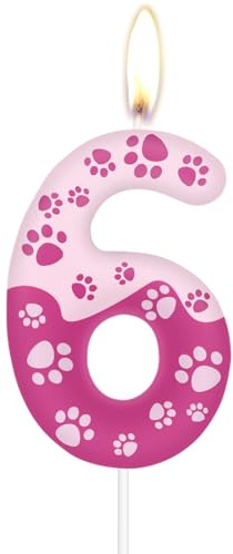 Geburtstagskerzen mit Hundepfoten Motiv,Zahlenkerzen zum 6th Geburtstag, rosa Zahl 6 für Kuchen, rosa Hundepfotenabdruck, Kuchenaufsatz für Mädchen und Jungen Geburtstagsparty-Dekorationen
