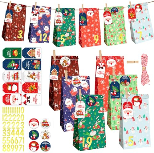 POPOYU Christmas Advent Calendar 2025 DIY Kraft Paper Bags Kit,Empty Advent Calendar To Fill Yourself,Make Fill Your Own 2025 Advent Calendar Empty,Fillable Countdown 24 Pieces Bags for Gift Wrapping