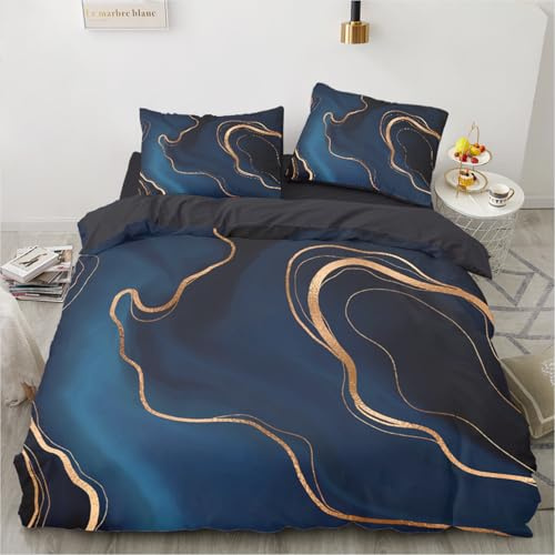 Gezu Parure de lit en marbre 220x240cm 3 pièces Bleu Blanc Or 3D Marbre Esthétique Ensemble de literie en microfibre avec motif à paillettes métalliques - Parure de lit réversible moderne de luxe pour