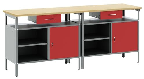 vidaXL Werkbank-Set mit Schubladen 2 pcs Rot und Grau 200 x 55 x 85 cm, Werkzeuglagerung, höhenverstellbarer Tisch, strapazierfähige Möbel, starke Regale, Garage gut organisiert