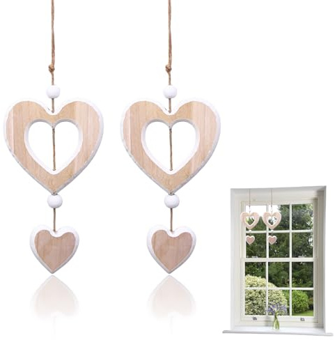 2 Stück Fensterdeko,Fenster Deko Hängend Modern,Holz Deko Herzen zum Aufhängen,Fensterschmuck Frühling Frühlingsdeko Hängend,Hängedeko zum Hängen,Holzherzen Fensterhänge,Hängende Herz Dekoherz