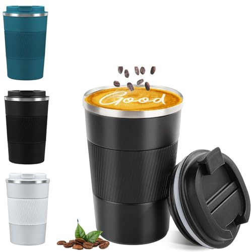 qisheng Travel Mug Reusable Coffee Cups 380ml Thermal Insulated Vacuum Insulation Stainless Steel Bottle for Hot Cold Drinks - Black
