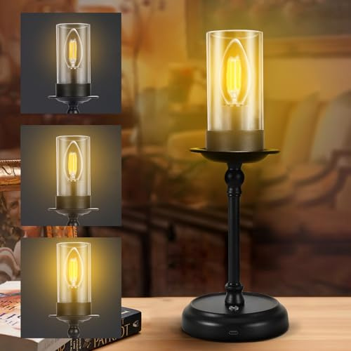 Vintage LED Kerzen Tischlampe, Kabellose Schreibtischlampe Dimmbares Warmes Licht, Nachttischlampe mit Touch und USB Ladefunktion, Retro Dekor für Schlafzimmer Wohnzimmer Esszimmer Weihnachten-Schwarz