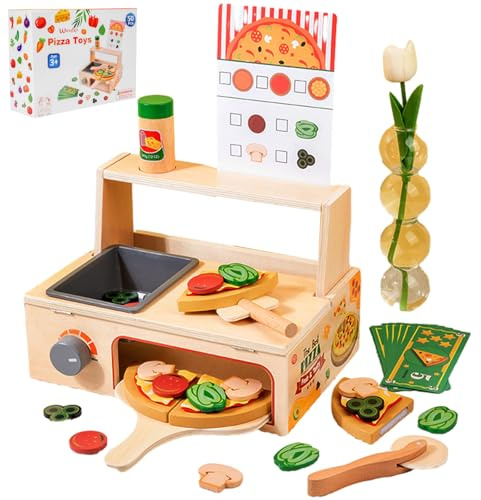 Caossuixin 50 PCS Pizza Wooden Toys, Woodens Pizzas Counter Play Set with Oven and Play Kitchen Accessories, Pizza Toy for Toddler Role Play, Wooden Kitchen Toys for Kids Boys Girls Ages 3+
