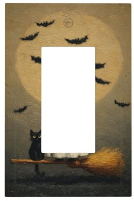 Cute Ghost White Cat Sitting On Broom Light Switch Wall Plate Faceplate Cover Single Rocker 1 Gang Decorator Outlet Receptacle Covers For Home Kitchen Room Bathroom Decor