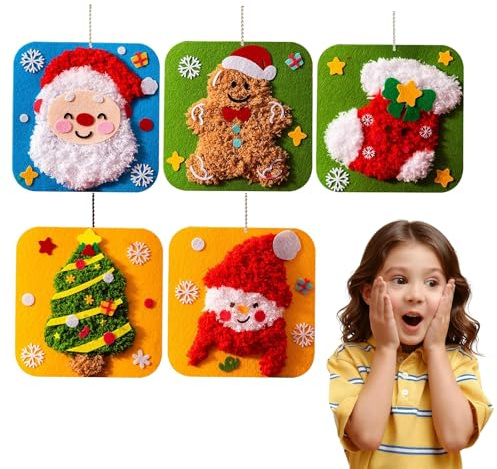 Kouamor 5-teiliges Weihnachts-Stickset, DIY-Stickpuppen-Set, Kreuzstich-Set, Nähset für Kinder, Poking und Malerei, Bastelmaterial, pädagogisches Spielzeuggeschenk für Kinder