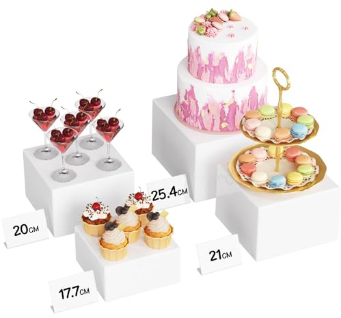 Lifewit Espositore da Buffet per Aperitivo, Supporti in Plastica per Torte, Dessert, Oggetti da Collezione, Gioielli, Supporto Cubico Annidabile, Bianco, Set di 4 (18/20/21/25 cm)