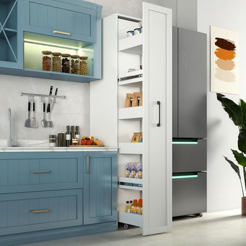 Slim Rolling Storage Cart, 6-Tier Pull-Out Spice Rack with Handle & Wheels, Narrow Kitchen Organizer for Next to Fridge, Pantry, Laundry Room,11.8 Inch Wide Space Saver (White, With Side Panel)
