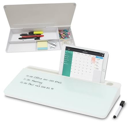 Relaxdays skrivbordsorganisatör med whiteboard, 5 fack, plast och glas, 40 x 18 x 5,5 cm, kontorsförvaring, vit