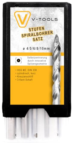 V-Tools Stufen-Spiralbohrer Set 5-tlg. (4–10 mm) | HSS M2 DIN 338 | Präzise Metallbohrer ohne Vorbohren | Ideal zum Ausbohren von Nieten & Stehbolzen | Für Metall, Blech, Kunststoff & Holz