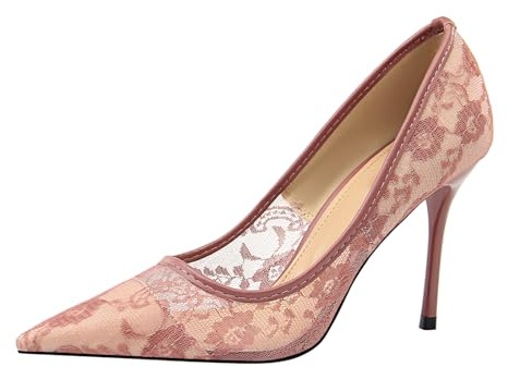 Spetsinspirerade stiletto pumps för kvinnor, fin spets, eleganta skor för fester och evenemang, Lila, 39 EU