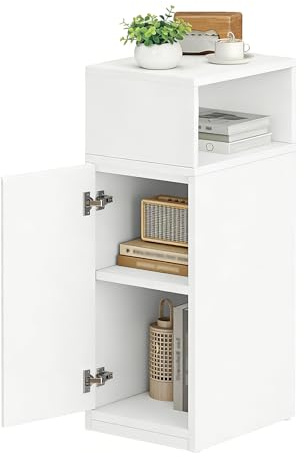 BEWISHOME Nachttisch schmal 20cm mit 1 Tür,Beistelltisch,25 x 30 x 65 cm | Platzsparender Nachtschrank mit offenem Fach und höhenverstellbarer Trennwand,für Schlafzimmer,Wohnzimmer,Weiß,EFCG03W