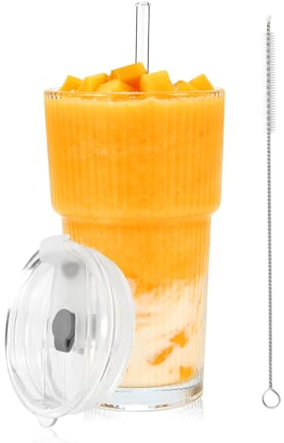 Juego de vasos de cristal de cocina verticales con tapa y pajita, diseño hermético e impermeable, vasos con tapa, ideales como café, batidos, cócteles (1 unidad)