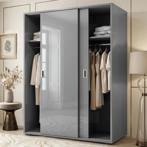 Blisswood Sliding Door Wardrobe 120cm, High Gloss 2 Door Bedroom Wardrobe with 2 Full-Width Hanging Rails & Shelves, Space Saving Double Freestanding Clothes Storage Cupboard, Grey Bedroom Furniture