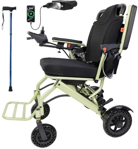 WalkFeel Elektrischer Rollstuhl Faltbar Leicht (15kg) – Elektrorollstuhl für Erwachsene mit 24km Reichweite, All-Terrain Rollstuhl Elektrisch Faltbar, 150kg Traglast, Apfelgrün