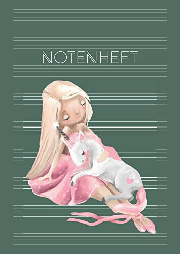 Notenheft: Musik Schreibheft | Schule & Unterricht & Hobby | DIN A4 Blanko Notensysteme mit Inhaltsverzeichnis | große Lineatur für Kinder & Anfänger - Motiv: Einhornliebe