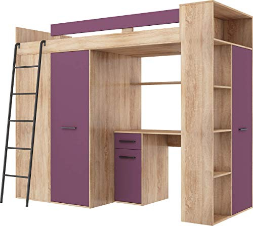 FurnitureByJDM Hochbett mit Schreibtisch, Kleiderschrank und Bücherregal | Loftbett - Komplettes Möbelset 236x120x190 cm - 90x200 cm Bettgröße - Linke Leiter - VERANA - (Eiche Sonoma/Violett)