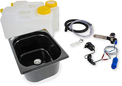 Wasseranlage Imbisswagen Verkaufsanhänger Campingküche 230v Bausatz Spüle dunkel 325x265x150 Barwig Schwarz/chrom Raumsparkanister 12L (ad-ideen)