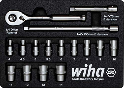 Wiha – 17‑Teiliges 1/4 Steckschlüssel-Set mit Schaumstoffschablone (44683)