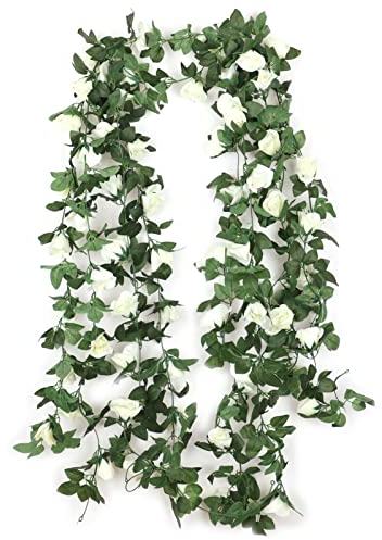 Jewlri 2 Stück 220cm Künstliche Rosen Girlanden Kunstblumen Seidenblumen Blumengirlande Elegantes Weiß Rosen Aufhängen für Hochzeit Garten Party Haus Hochzeit Auto Dekoration