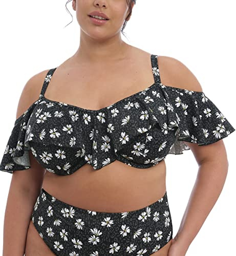 Elomi Plain Sailing Bardot Ruffle Underwire Bikini Top (ES7273),38HH,Black Daisy
