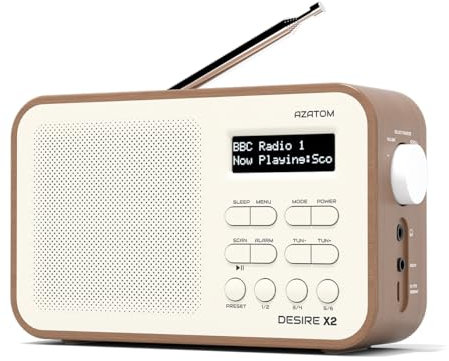 DAB/DAB+ & FM Portable Digital Radio | Simple Controls | Dual Alarms & Sleep Timer | Battery & Mains Powered (4x”AA”) | Bluetooth | Perfect for Home, Office or Outdoors | AZATOM Desire X2 (Walnut)
