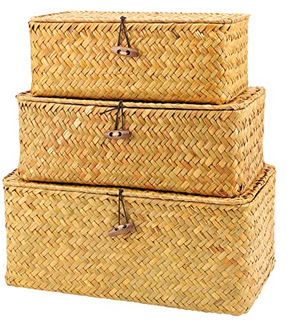 NGOSUET 3er Set Aufbewahrungskorb mit Deckel, Rattan Korb Set, Aufbewahrungskorb aus geflochtenem Rattan, Multifunktional Regalkörbe Seegras Korb für Wohnzimmer, Küche, Groß/Mittel/Klein
