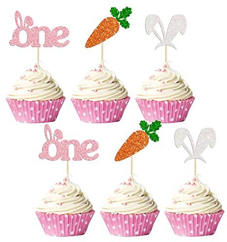 Gyufise 24Pcs Easter First Birthday Cupcake Toppers Pink Glitter Bunny Ear Carrot Easter Cake Toppers Decorations For Bunny Easter Theme Kids 1st Birthday Babyshower Party Decorations